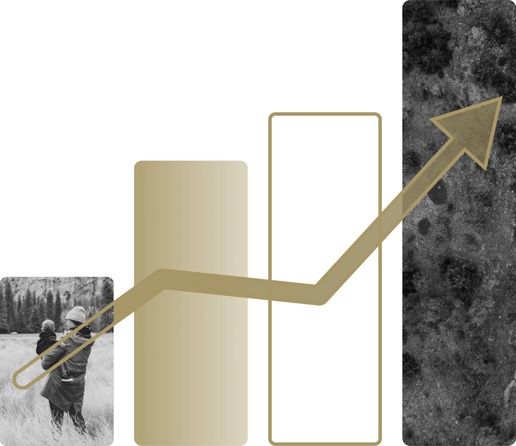 A bar chart with four vertical bars, the first featuring two people outdoors. A gold arrow moves upward across the bars, indicating growth or progress. The last bar displays a textured black pattern.