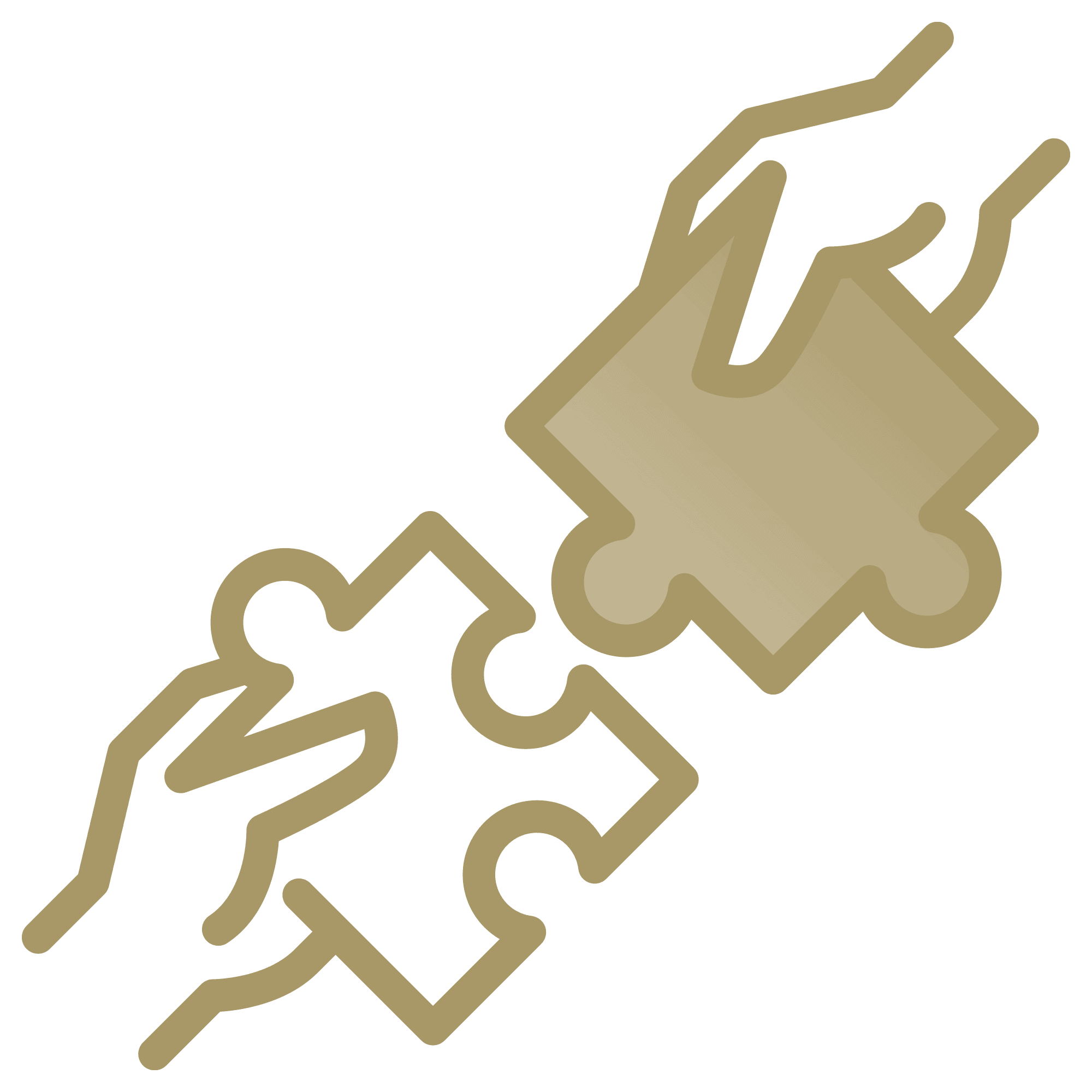 Two outlined hands each hold a puzzle piece, one with round tabs and one with matching sockets, appearing to fit together.