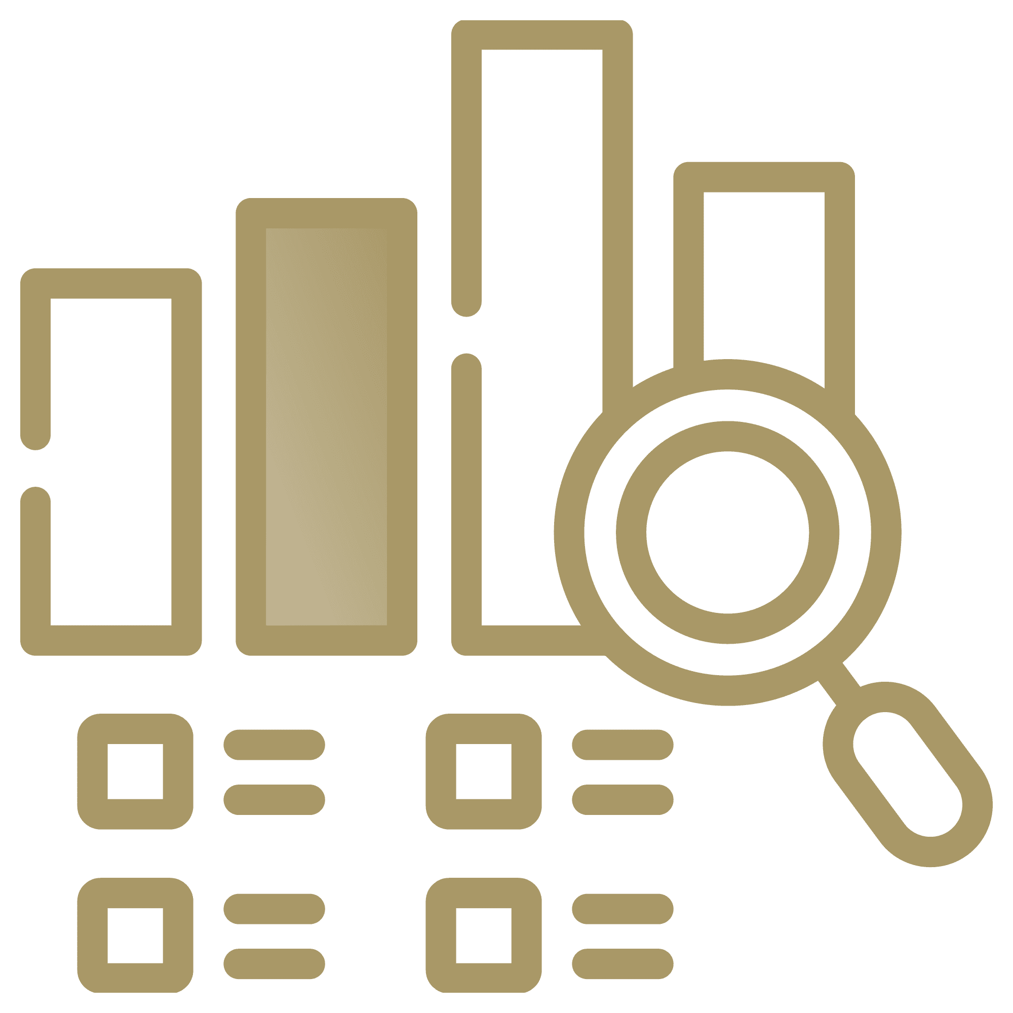 Icon showing a bar graph, a magnifying glass over one bar, and three rows of checkboxes and lines, representing data analysis or review.