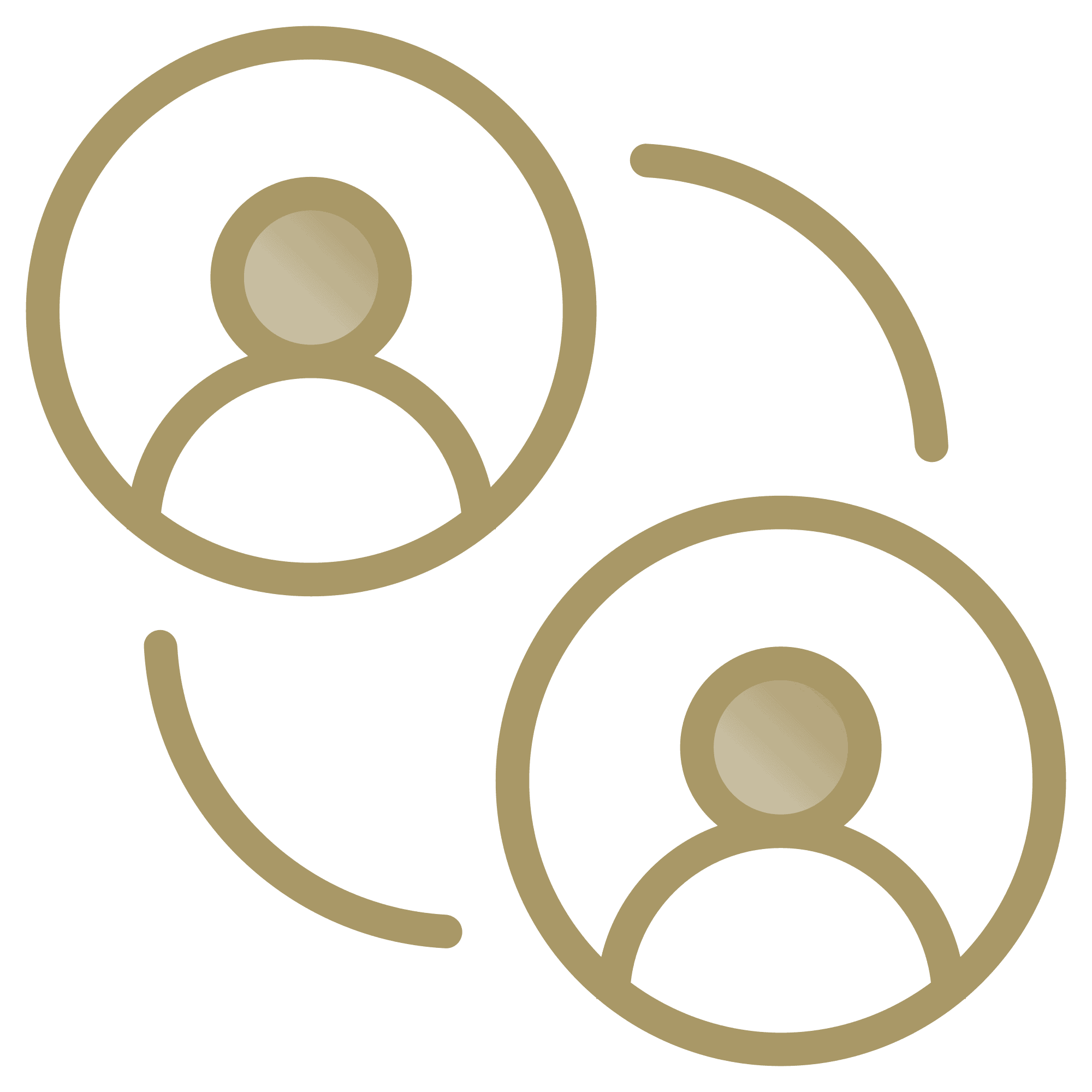 Two beige outlined icons of person figures inside circles are connected by partial curved lines, symbolizing interaction or communication, on a white background.